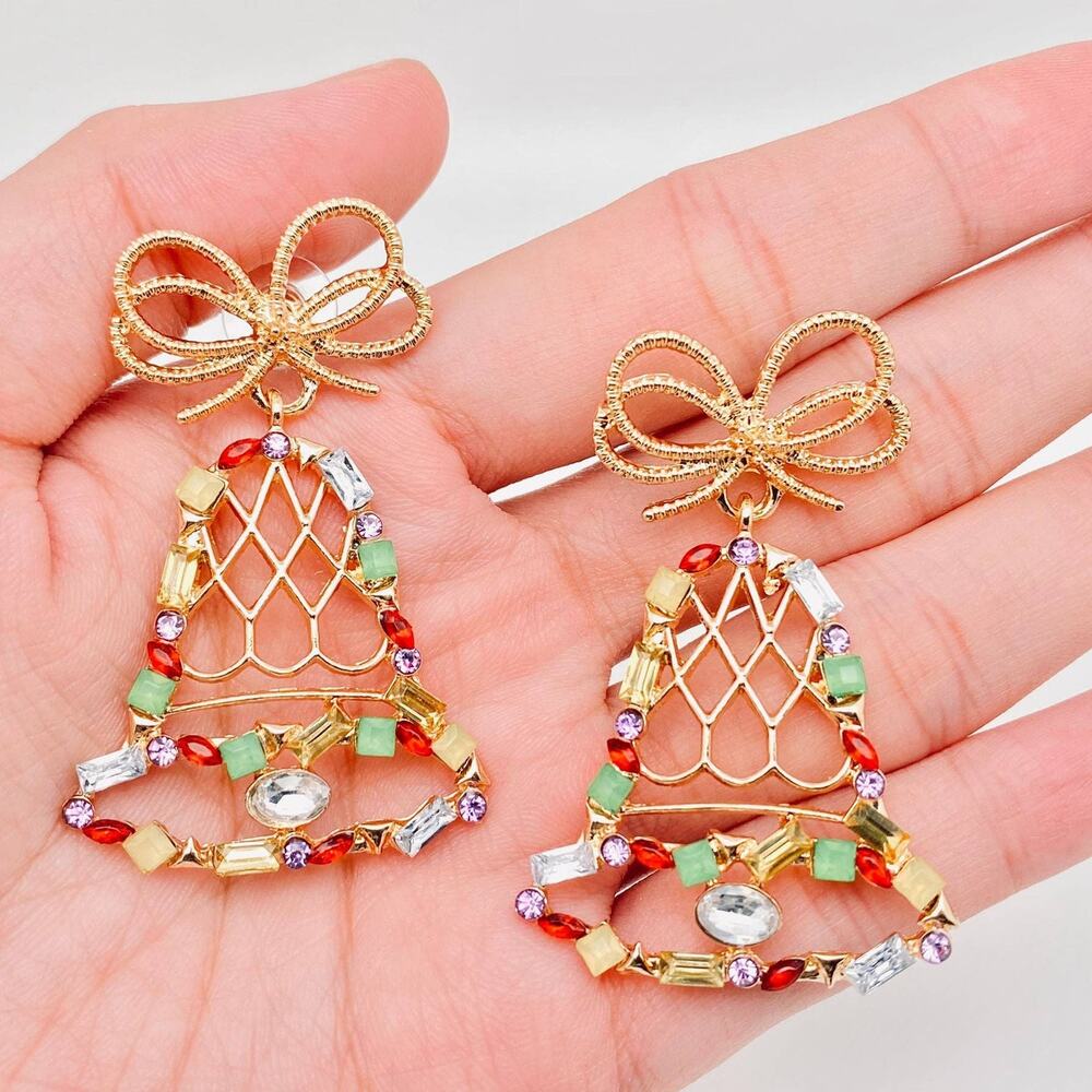 Christmas Rhinestone Bow Bell Post Earrings NWT